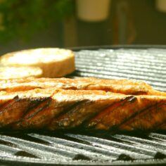 Somon balığı ızgarada pişirilmiş ve doğrudan ızgara üzerinde sunulmuş olarak görünüyor.