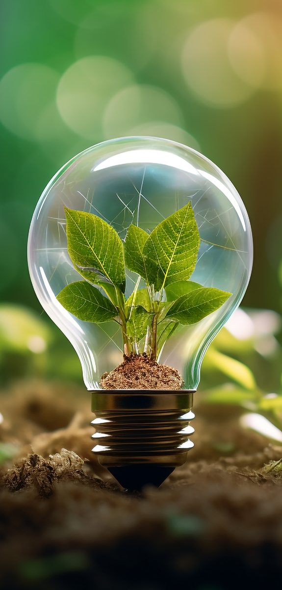 Yeşil Enerji Yaprakları Ampul içinde yetişmiş yeşil bitkiler ve yapraklar.